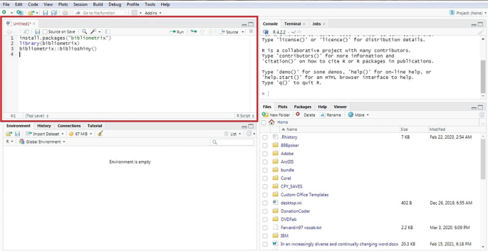 A screenshot of the window screen for the R studio workplace. The menu bar includes file, edit, code, view, plots, session, build, debug, profile, tools, and help. The highlighted rectangular box indicates untitled.