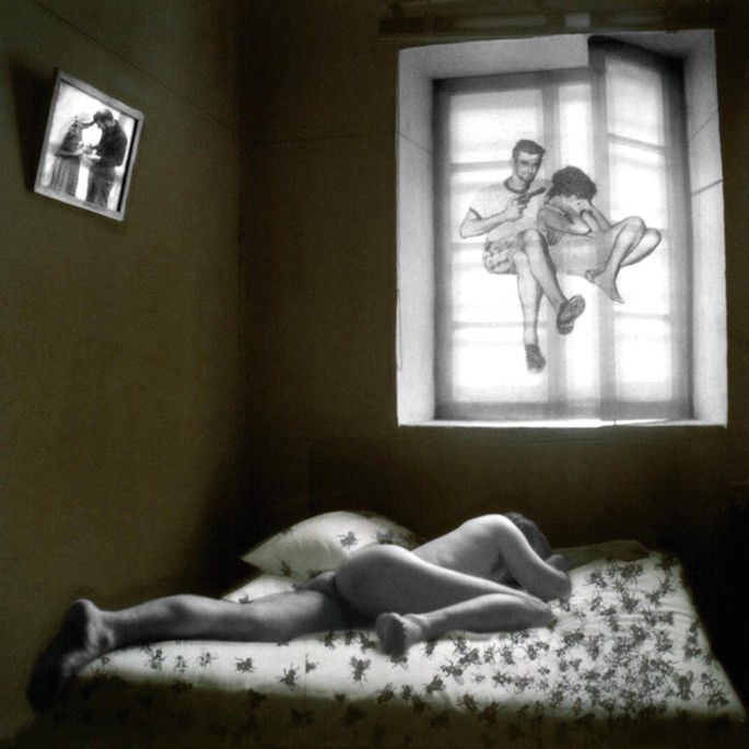 A photograph of a collaged window with a woman lying on a bed naked and an intimate vision behind.