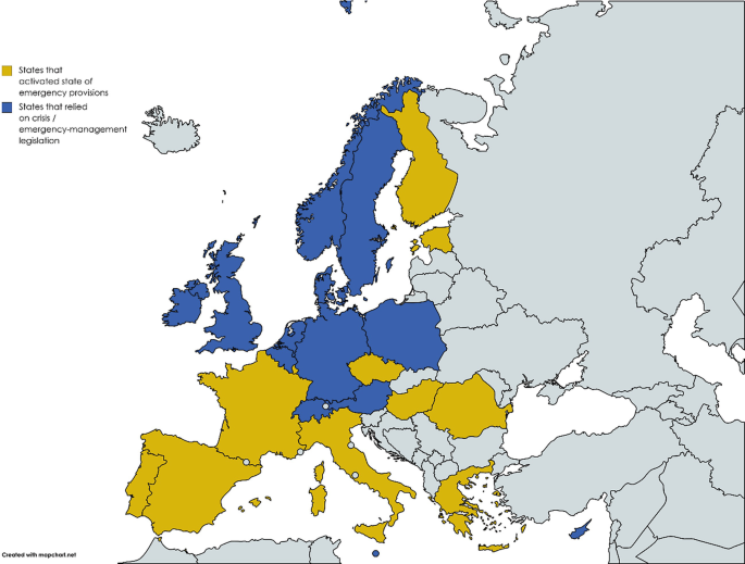 A map of the European continent highlights the states that activated emergency provisions and those that relied on crisis legislation. The states in the former category include Finland, Germany, and Norway. The latter category includes Finland, Spain, and France.