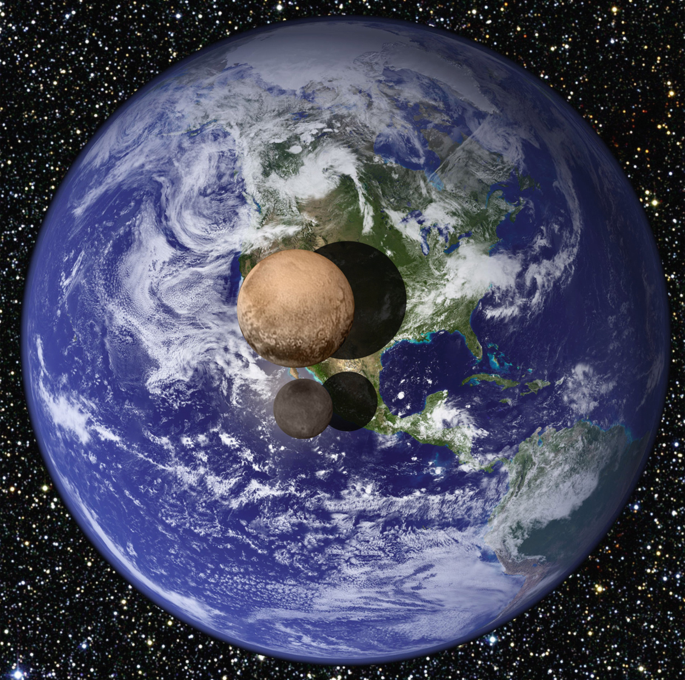 A photograph of two dwarf planets Pluto and Charon in front of the Earth. The Charon is about half the diameter of Pluto.