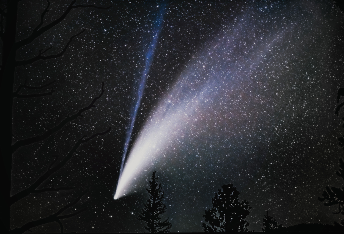 A photograph of the spectacular example of a comet that appeared in the sky. The light rays are spread in the sky in one direction, from a single source.