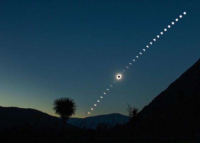 A photograph displays the phenomenon of solar eclipse. A series of bright dots represent the gradually decreasing and increasing shape of the sun.