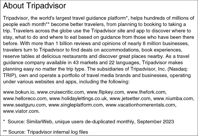 A text box titled, About Tripadvisor. It has a paragraph of text that summarizes Tripadvisor's customer volume, market volume, and its subsidiaries. It also briefs about the company's business and lists 4 U R Ls to websites and apps that its subsidiaries operate under.