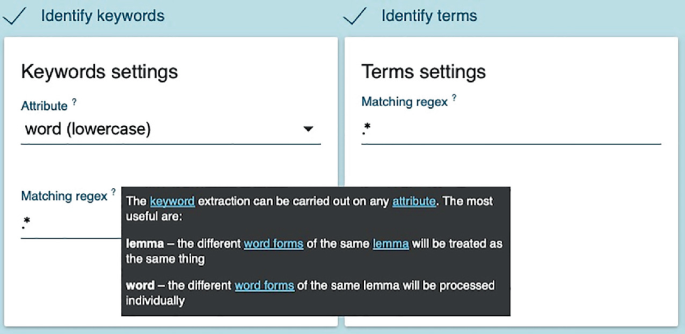 A screenshot. It includes a toolbox open with 2 columns, titled, identify keywords and identify terms. Former has an option attribute, with a dropdown menu, and the option word, lowercase, selected. Latter has the option, matching regex with a blank below.
