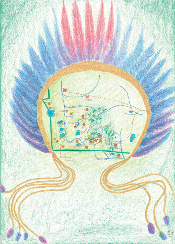 A vibrant drawing features a detailed map within a circular border. The map is adorned with symbols and lines, reminiscent of an adventure map. Radiant feather-like structures in multiple shade surround the map.