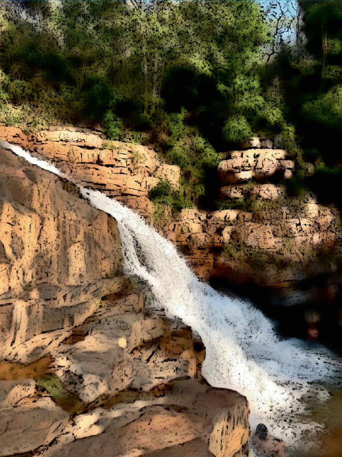 A photograph of a waterfall cascading down a rugged cliff surrounded by lush greenery. The rocks are jagged and have distinct layers.