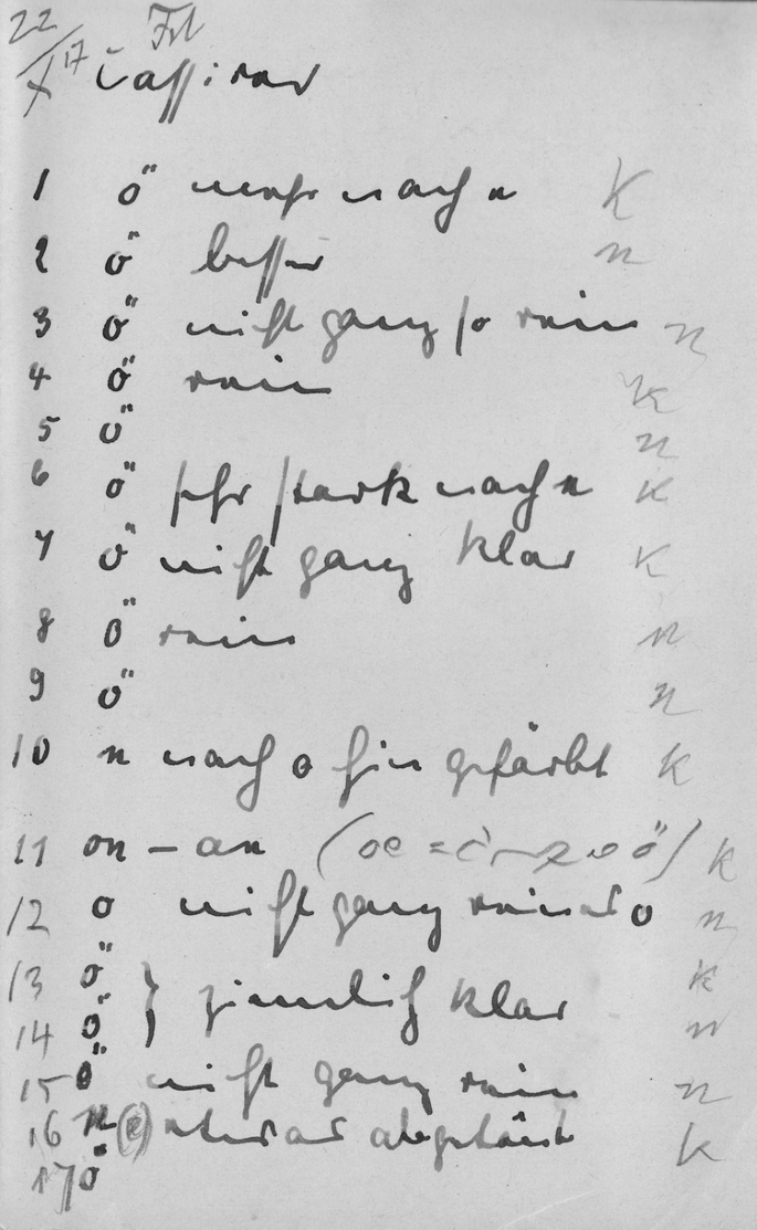 A page with 17 handwritten points. Each point is numbered and has the letter O diaeresis at the start.