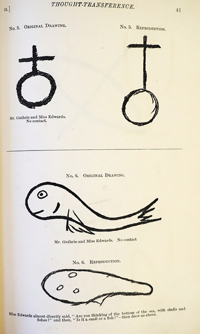 A page from a book titled Thought transference. 2 symbols are present. Left, number 5, original drawing has a circle with a perpendicular cross that has a short stem. Right, number 5, reproduction, has a circle and a cross on top with a long stem.