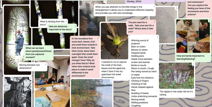 A screenshot of the P A D L E T. It includes missing elements in the story, significance of absences, learning from captured moments, moving between dimensions, hands in learning, ripples signaling rain, and more. Each photo-text prompts rich reflections on perception and connection.