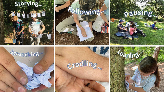 Six photos present children engaged in various activities. The first photo is labeled Storying and exhibits two kids hanging sticky notes on a horizontally tied string. The second photo is labeled following and captures a child sitting on the ground and writing on a piece of paper.