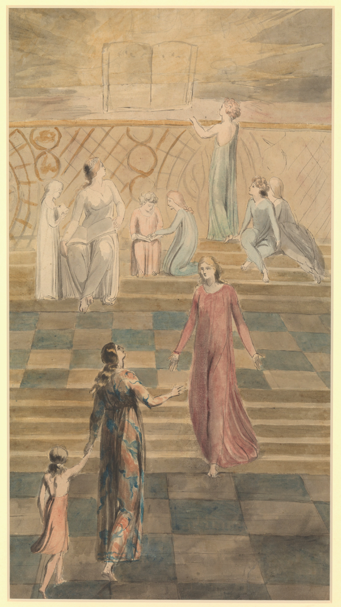 A screenshot portrays an allegorical scene from the Bible, featuring a woman walking hand in hand with a child, two girls seated and attentively observing a book, a woman seated with a book on her lap and glancing backward while a child gazes at the book, and two children seated on a staircase with another woman looking at the book.