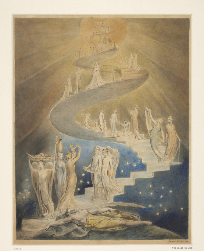 A screenshot captures an allegorical scene from the Bible, depicting Jacob's dream with a ladder in the dream. In the scene, numerous women are engaged in conversation, children are hugging each other, engaging in conversation, and dancing, creating a vibrant and dynamic tableau.