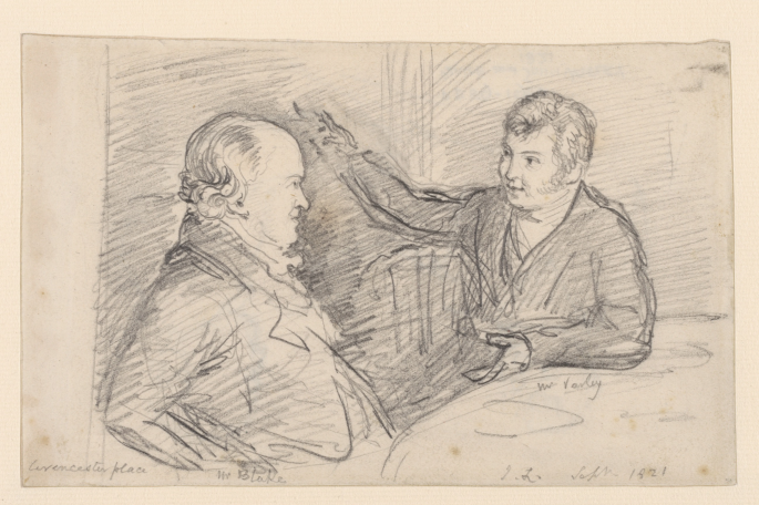 A screenshot captures a sketch from the book featuring John Linnell and William Blake engaged in conversation while seated on chairs around a round table.