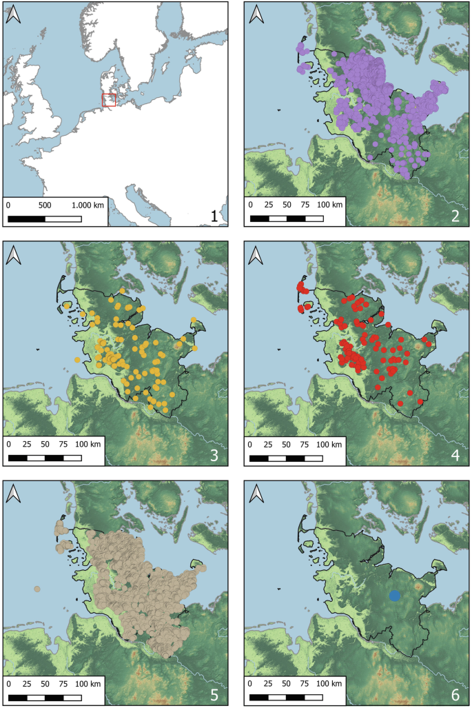 Six maps of the Southern Cimbrian Peninsula are labeled from 1 to 6. The density of burial mounds from the T R B Megalithic Age and Bronze Age is notably high.