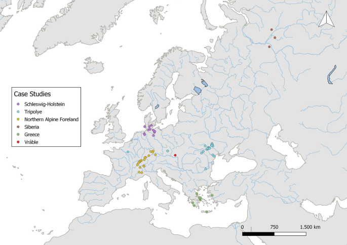 A map exhibits the location of case studies in Europe, with five case studies of the Neolithic and Bronze Age in Schleswig-Holstein, Northern Alpine Foreland, West Siberia, and Greece. The site of Vrable is also included.