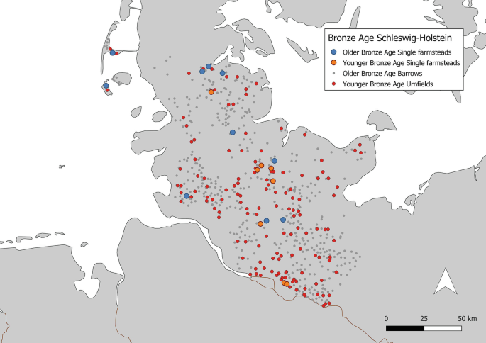 A map exhibits the locations of Bronze Age barrows and settlements in Schleswig-Holstein, including Older Bronze Age Single farmsteads, Younger Bronze Age Single farmsteads, Older Bronze Age Barrows, and Younger Bronze Age Urnfields.