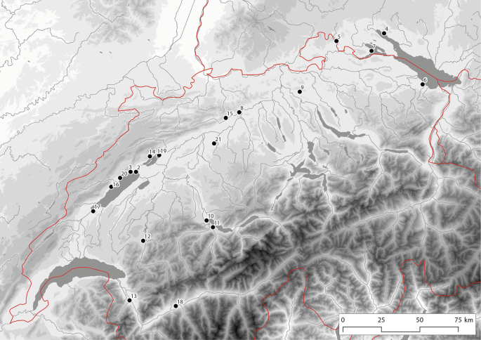 A map of the Northern Alpine Foreland displays the community sizes in the Neolithic and Bronze Ages. Each site is numbered. The scale ranges from 0 to 75 kilometers.