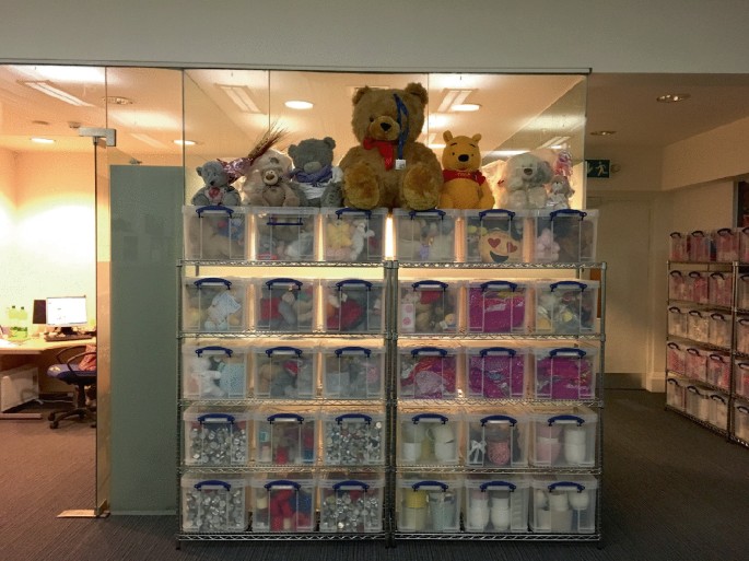 A photo of a shelf of displays. Each rack has different types of toys.