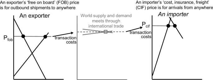 A 3-panel diagram explains how the world supply and demand meet through international trade, where then an exporter's F O B price is for the outbound shipments to anywhere and an importer's C I F price is for arrivals from anywhere.