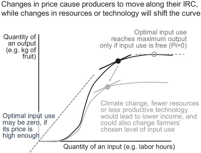 A line graph of the quantity of output versus the quantity of an input, plots 2 upward S curves depicting the changes in the price that cause producers to move along the I R C while the changes in the resources or technology that cause a shift in the curve.