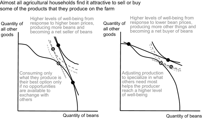 2 line graphs of the quantity of all other goods versus the quantity of beans depict downward curves along with 2 tangent lines. Left. The curves represent higher levels of well-being from response to higher bean prices. Right. The curves represent higher levels of well-being from response to lower bean prices.