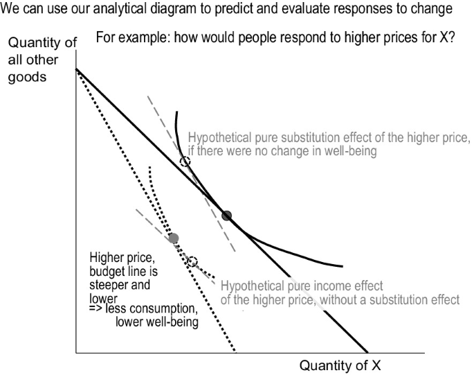 An indifference graph plots the quantity of all other goods versus the quantity of X. It plots 2 declining slopes and 2 indifference curves depicting the hypothetical pure substitution and hypothetical pure income effects on the higher prices.