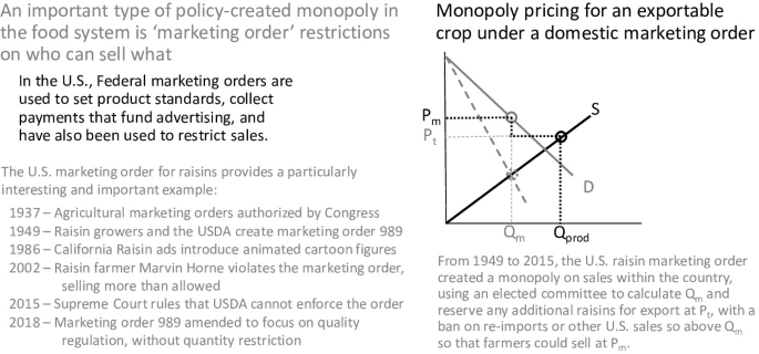 Two graphs plots the monopoly pricing for an exportable crop under a domestic marketing order with an ascending line, between P and Q.