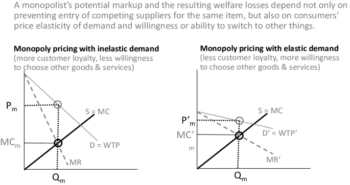 Two graphs plots the monopoly pricing with inelastic demand with an ascending line and monopoly pricing with elastic demand with an ascending line, between P and Q.