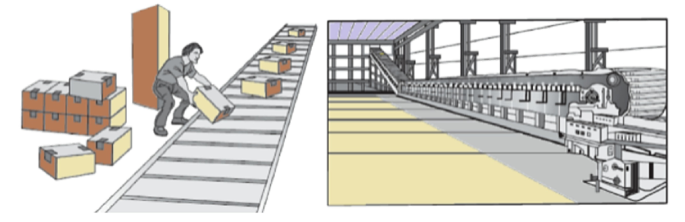 An illustration of a man picks up the parcel moving on the conveyor belt and stacking them behind himself. Another illustration exhibits a conveyor belt.