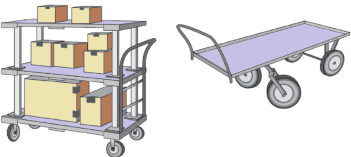 An illustration of a platform truck has multiple tiers with boxes stacked on each tier, while the other truck features a single layer each truck with wheels attached to them.