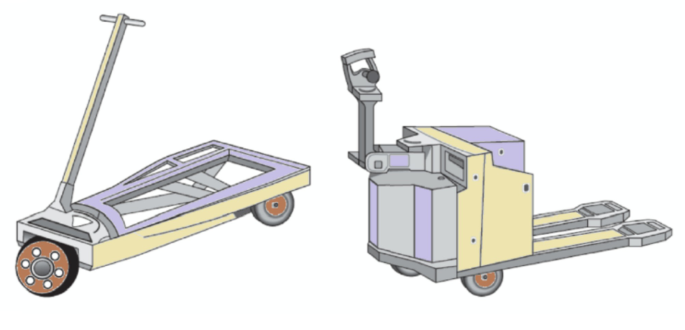 An illustration of a hand lift truck with rectangular bottom and a handle attached and a pallet jack with a box shaped extension attached to it.