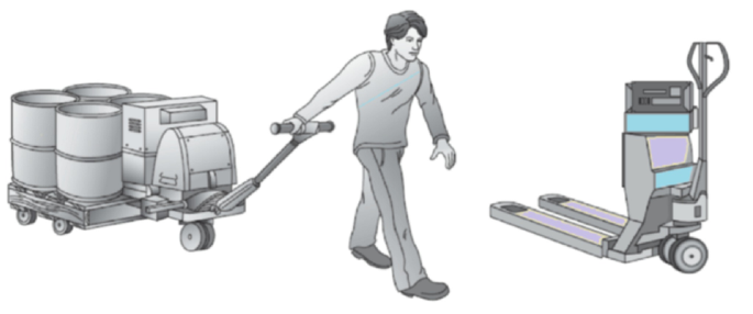 An illustration of a man pulls the power-driven hand truck loaded with barrels and an empty power-driven hand truck placed nearby.