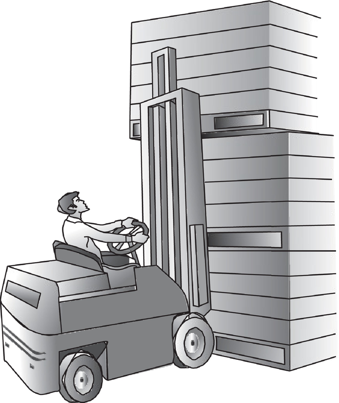 An illustration of a man operates a power lift truck to lift stacks of load upward.