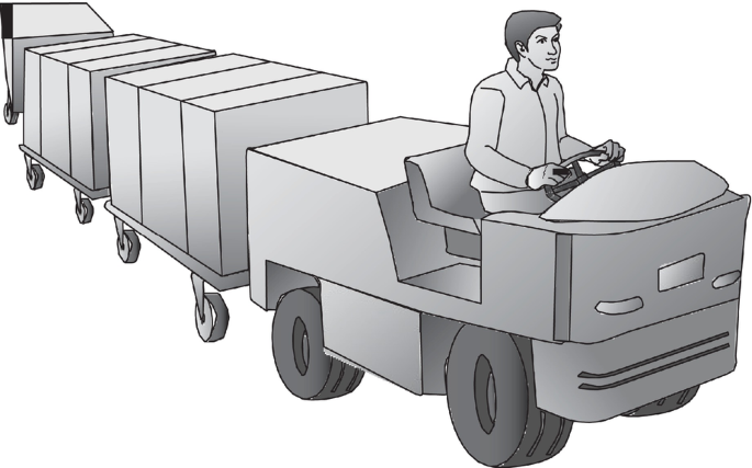 An illustration of a tractor trailer train exhibits a man drives a tractor trailer train, pulling multiple wagons behind him.