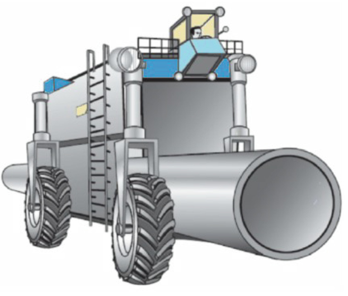 A photo of a rectangular truck with a narrow width and a hollow center carries a cylindrical pipe-shaped load on its wheels.