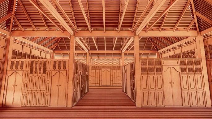 An illustration of a wooden room with carved doors and compartments. The roof of the house is made up of wooden blocks as well.
