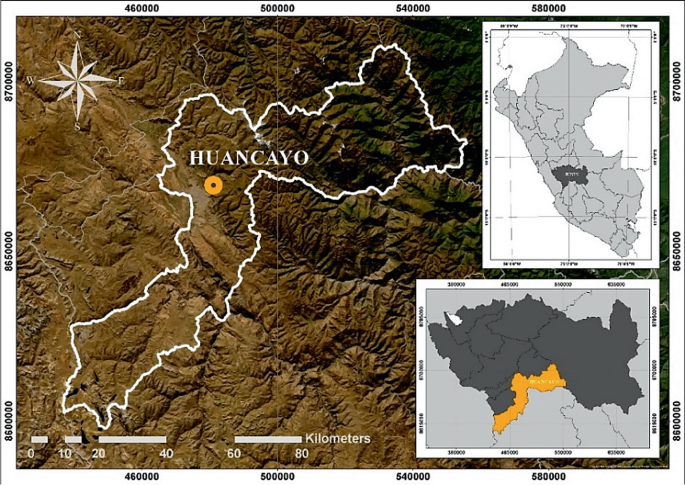 A color gradient location map highlights the Huancayo area along with the 2 inset maps of Peru and Junin.