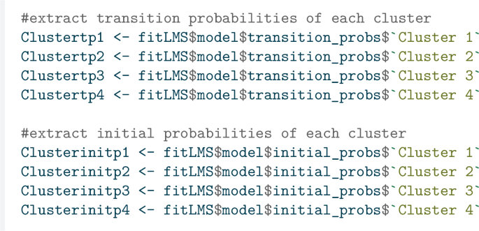 A programming code that is used to extract the transition and initial probabilities of each cluster from a model.