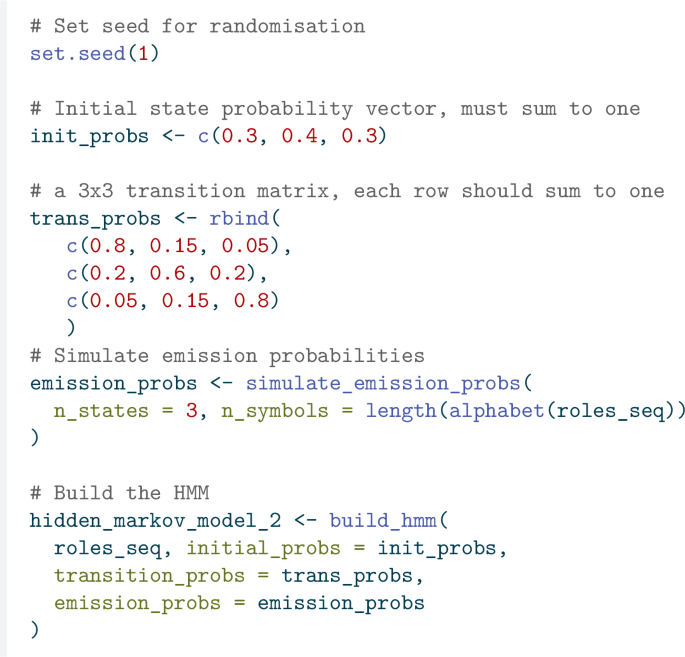 A code has the inputs for the following commands, set seed for randomization, initial state probability vector, must sum to one, a 3 cross 3 transition matrix each row should sum to one, simulate emission probabilities, and build the H M M.
