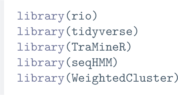 A 5-line code reads library of rio, library of tidy verse, library of Tra Mine R, library of seq H M M, and library of weighted cluster.