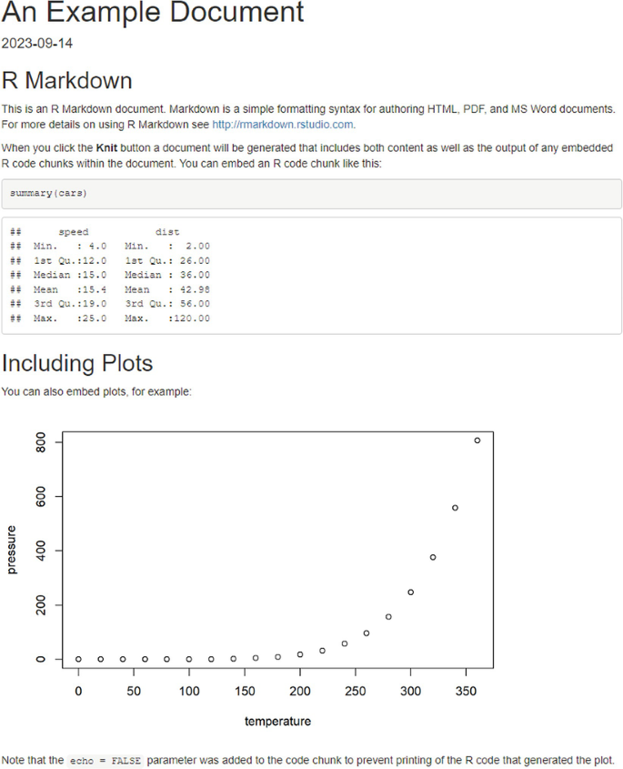 A screenshot of the output window titled, an example document. The date is given below the title. The subheadings are R markdown and include plots. A scatterplot is illustrated under the subheading, including plots. The scatterplot of pressure versus temperature plots increasing trend data points.