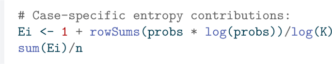 A snippet of code exhibits the calculations for case-specific entropy contributions.