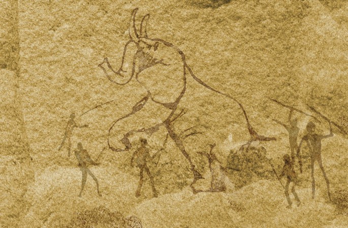 A photograph of a rock art in which some persons with spears in their hand surround an elephant and attack it.