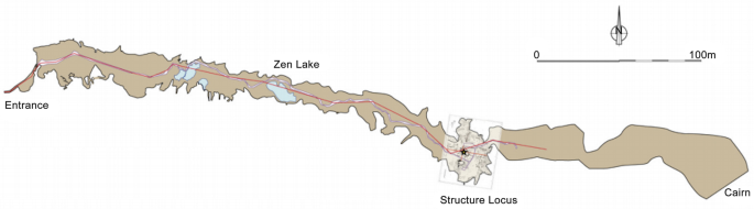 A map of Bruniquel Cave. The entrance is from the west. The Zen lake is leftwards from the center whereas structure locus is rightwards. Cairn is located at the eastern end.