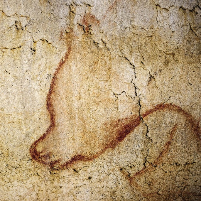 A photograph of a bear painting on the wall of the Chauvet cave. There are cracks on the wall with a silhouette of a bear in a dark color.
