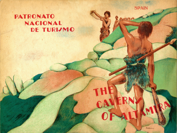 A cover illustration depicts people in prehistoric attire exploring green and rocky terrain. It has three individuals, one of whom is prominently holding a spear. A text labeled The Cavern of Altamira.