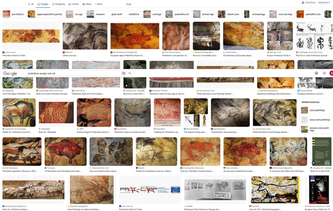A screenshot of a google image search results of a text named, rock art prehistoric Europe. The search results consists of a collage of images with drawings and paintings on the caves and rocks, especially of animals and shapes.