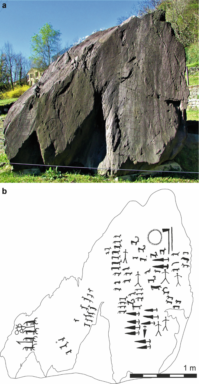 1. A photograph of a large rock, 2. A line diagram of the rock with caricatures of animals, trees and other shapes on the rock face.