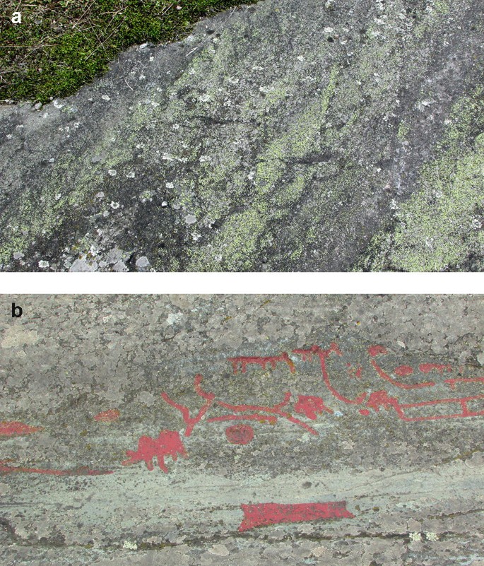 1. A photograph of a rock surface with figures with no paintings, 2. A photograph of a rock surface with painted figures for visitors to identify.