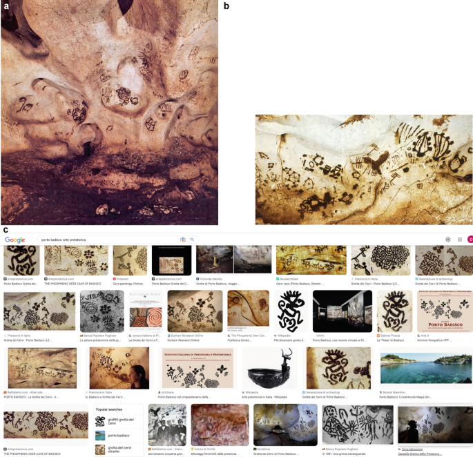 A screenshot of a google image search results of a text named, Porto Badisco arte preistorica. The search results consists of a collage of images with drawings and paintings on the caves and rocks, especially of animals and shapes.